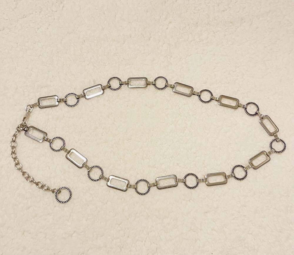 Vintage Silver Tone Metal Chain Belt with Geometric Rectangles and Circles
